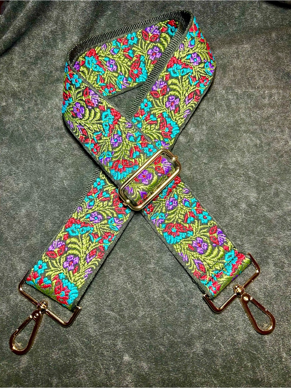 Adjustable Floral Embroidered Bag Strap in Green